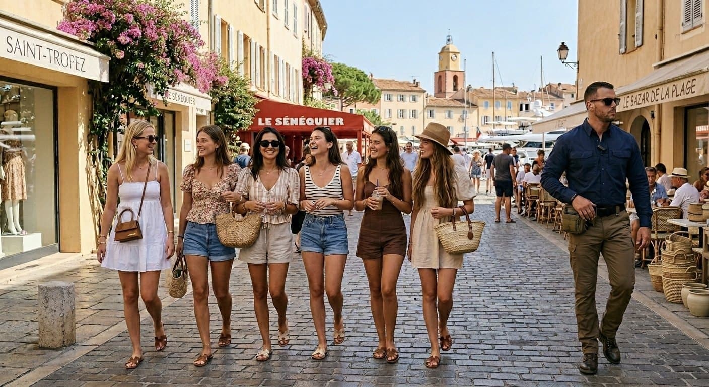 Accompagnement discret d'un groupe dans les rues de Saint-Tropez